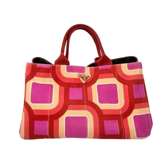 PRADA Vintage Logo Tote Bag Canapa Stampata Canvas Multicolor Red Pink  [105524] - Picture 5 of 15